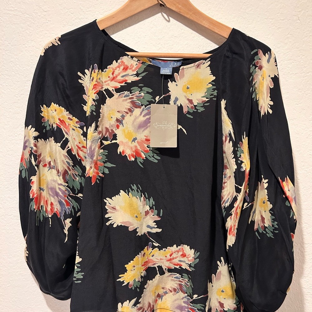 Anthropologie Black Floral Puff Sleeve Blouse